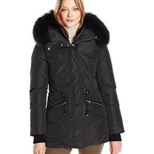 $1000 Mackage Katryn black down jacket with fur hood and leather trim size large